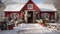 Winter Barn, House or Shop Decorated for Christmas in a Beautiful Winter Snowy Scene. Generative AI