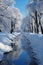 Winter beautiful landscape with trees covered with hoarfrost. Winter road and trees covered with snow