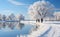 Winter beautiful landscape with trees covered with hoarfrost. Winter road and trees covered with snow