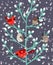 Winter birds branch. Beauty mistletoe red cardinal and sparrow birdes holly xmas wallpaper, snow wildlife forest vector
