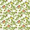 Winter birds at branches of fir tree. Seamless pattern. Watercolor