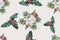 Winter bloom pattern design with bird, holly berry, taxus baccata watercolor illustration