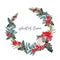 Winter bloom wreath design with poinsettia, holly berry, bird watercolor illustration