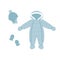 Winter blue baby overalls, winter hat and mittens. Flat style snow suit with hood. Baby clothing.