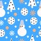 Winter blue seamless pattern with stylized Christmas trees and snowmen.