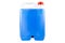 Winter blue windshield washer fluid in a five liter bottle, closed with a red cap and with a funnel at the bottom, isolated on a w