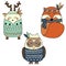 Winter boho animals in hand drawn style. Deer, fox, owl