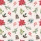 Winter botanical seamless pattern. Watercolor flowers, greenery, holly, pine cone on beige background