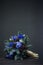 Winter bouquet of Nobil fir twigs, blue hyacinths and cones, winter gift concept