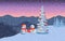 Winter boxing day with snowmen. Evening twilight with snowman family in santa hat, distant mountains, decorated