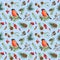 Winter bullfinch bird seamless pattern. Watercolor illustration. Hand drawn bullfinch bird, fir tree branch, cone, red
