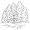 Winter cabin log scene for coloring. Vector hand-drawn illustration