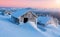 Winter, cabins, mountains