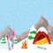 Winter Camp Mountains Landscape with Tent, Fireplace and Skiing Equipment