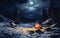 Winter Campfire Flames Dancing in a Blanket of Snow. Generative AI