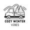 Winter Camping Logo design with car and quote - cozy winter vibes. Christmas adventure badge in line silhouette style