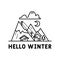 Winter Camping Logo design with mountains and ski resort. Christmas adventure badge in line silhouette style. Mountain