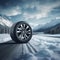 Winter Car Tire Against Snowy Mountain Landscape. Generative ai