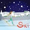 Winter card background. Ski run track, young woman running.