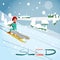 Winter card background. Woman rolling downhill on a sled.