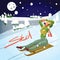 Winter card background. Woman rolling downhill on a sled