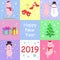 Winter cards with cute pigs, Christmas tree and gifts. Happy new year 2019. Vector illustration