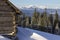 Winter Carpathian Mountains, Chornohora region, Ukraine. Wooden shepherds cradle on the meadows in the Carpathians in winter. Wint