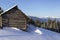 Winter Carpathian Mountains, Chornohora region, Ukraine. Wooden shepherds cradle on the meadows in the Carpathians in winter. Wint