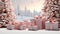 Winter celebration snow covered tree, gift box, shiny decoration generated by AI