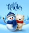 Winter character vector background design. Hello winter greeting text with 3d snowman and polar bear characters