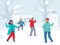 Winter Characters Playing Snowballs. Joyfull People Having Fun in Snow. Boys and Girls Throwing Snowball