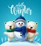 Winter characters vector background design. Hello winter greeting text with 3d snowman and polar bear character