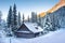 Winter. Christmas background. Frosty mountain landscape. Beautiful winter scene with wooden house in Tatra mountains