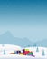 Winter Christmas background with mountains, snow, deer, pine trees, gifts and snowflakes.