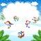 Winter Christmas Background with snowman playing ice skates, skiing, sleigh ride