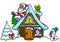 Winter Christmas house Santa Claus snowman gifts character cartoon illustration