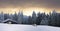 Winter Christmas Landscape with snowy fir trees and cosy hut