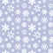 Winter Christmas pattern with white and silver silhouettes of snowflakes, berries, leaves, branches, snowman, trees.