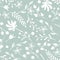 Winter Christmas pattern with white and silver silhouettes of snowflakes, berries, leaves, branches, snowman, trees.