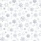 Winter Christmas pattern with white and silver silhouettes of snowflakes, berries, leaves, branches, snowman, trees.