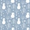 Winter Christmas pattern with white and silver silhouettes of snowflakes, berries, leaves, branches, snowman, trees.