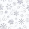 Winter Christmas pattern with white and silver silhouettes of snowflakes, berries, leaves, branches, snowman, trees.