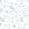 Winter Christmas pattern with white and silver silhouettes of snowflakes, berries, leaves, branches, snowman, trees.