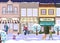 Winter Christmas street of small city. View of city street with shops and coffee house in winter. Snowy roadway with