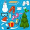 Winter Christmas symbols vector icons sport and holiday outdoor wintertime snow, ice, snowman, New Year tree and Santa