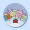 Winter city in children\\\'s style with snowfall and red tram