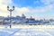 Winter city landscape, covered with snow with a beautiful lantern. View of the buildings, skyscrapers and towers,Ukraine