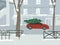 Winter city landscape with red car carries christmas tree