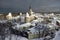 Winter city landscape. Tallinn old town. Snow cloud over the city. Estonia .