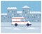 Winter city landscape with two doctors and driver inside of the ambulance